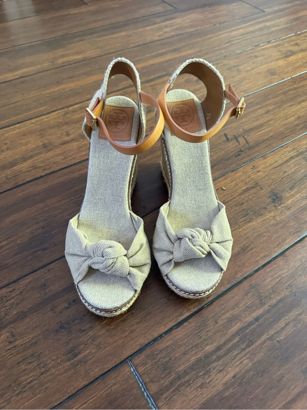 Tory Burch Neutral Beige Knotted Espadrille Wedge Sandals